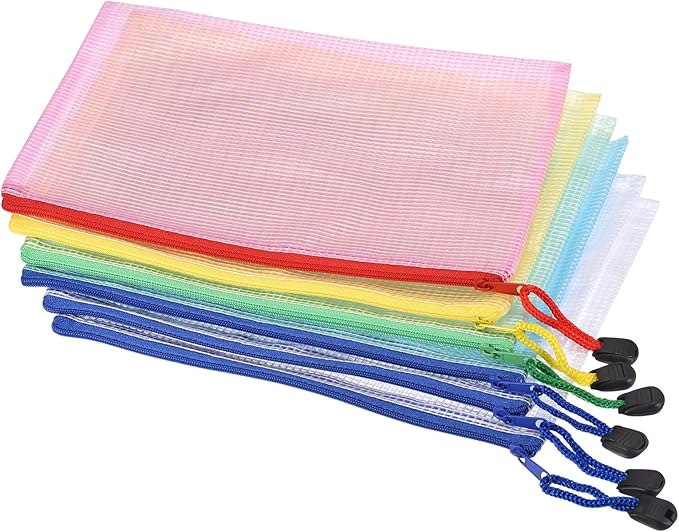 MECCANIXITY Mesh Zipper Bags, B6 Size Paper Document File Bill Pouch Folders for Office Home Supply, Assorted Colors Pack of 6