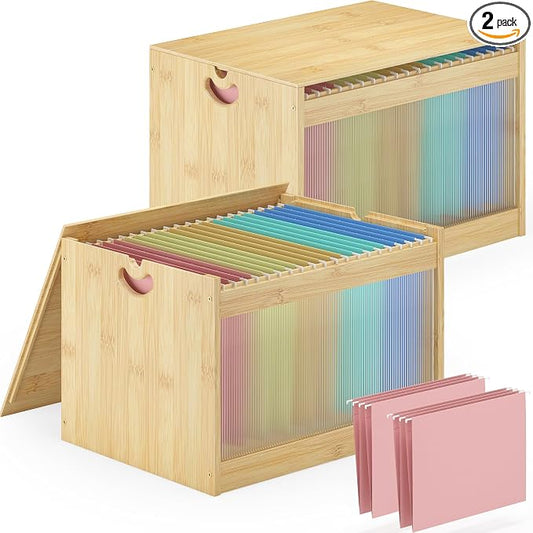 Hanging File Box Organizer for Letter Size 2 Pack, Bamboo Acrylic File Folder Storage with Lid Clear Wooden Moving Boxes Wood with Handle Desktop Filing Holder for Office Banker Document Nature