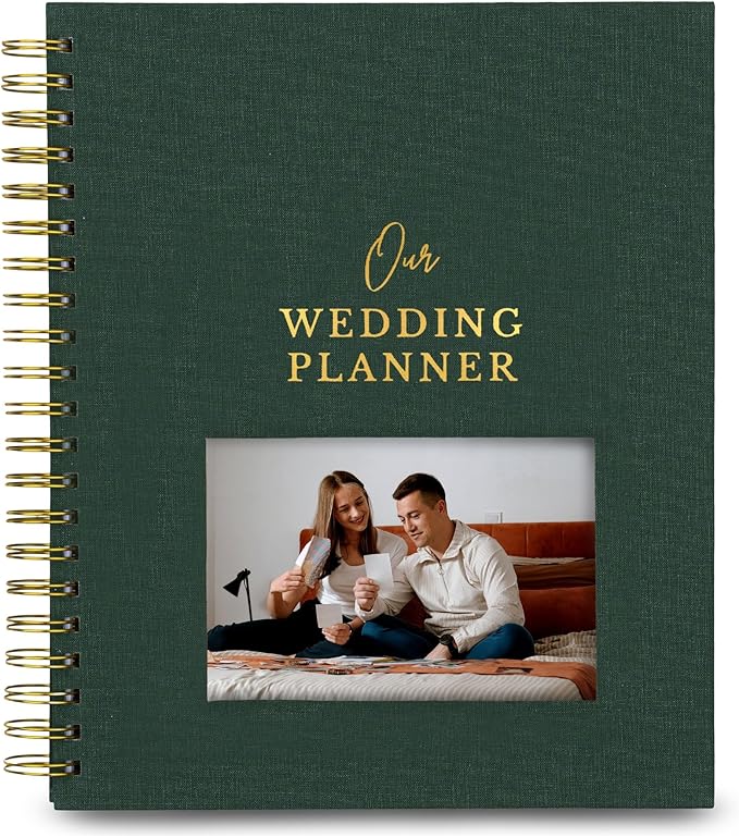 Timeless Premium Linen Wedding Planner Book and Organizer – Wedding Planning Book, Comprehensive Keepsake & Countdown Binder, Perfect Engagement Gift for Women, Customizable Front Photo Window (Forest)