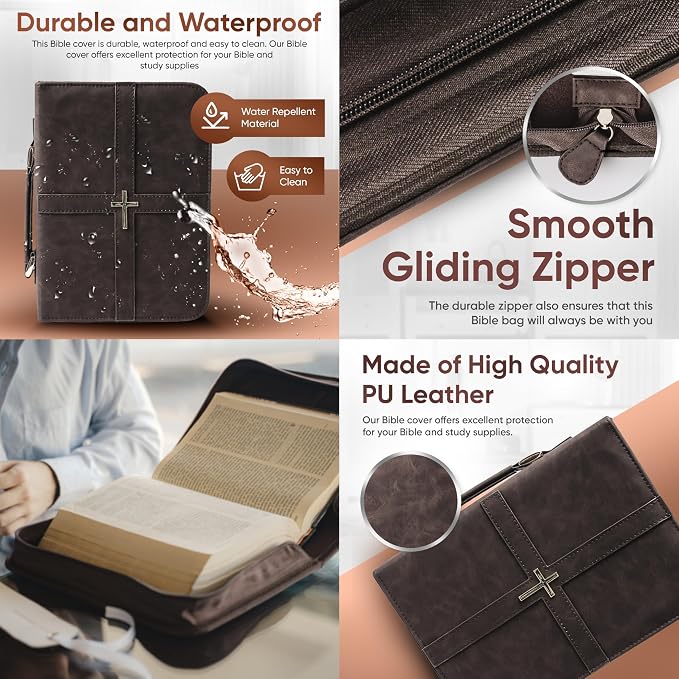 Bible Cover (U.S. Patent Pending), Discreet & Elegant Bible Case, Brown PU Leather Bible Cover, Cross Design Bible Bags, Strong and Sturdy Book Case, Includes Premium Bookmark