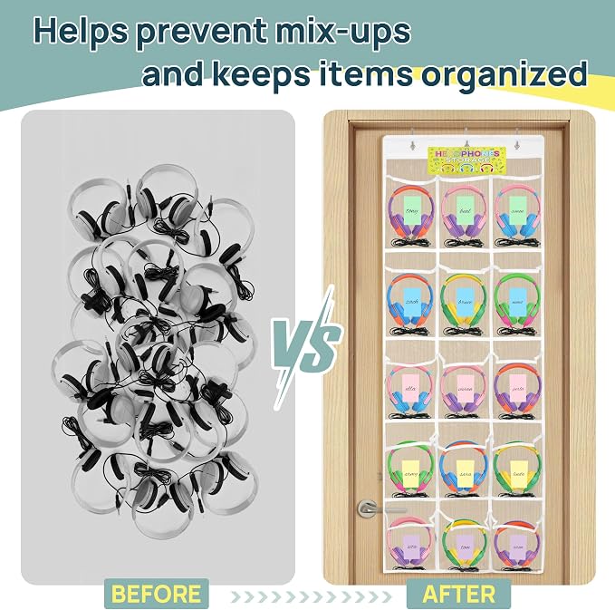 [2-Pack] Classroom Headphone Storage Organizer - 30 Pockets Over The Door Hanging Chart | Durable Headset Holder for Teachers | Clear PVC Pockets | School Supplies & Cell Phone/Calculator Storage