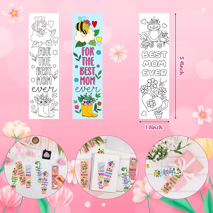 Mother's Day Color Your Own Bookmarks for Kids -120Pcs Happy Mother's Day DIY Coloring Bulk Blank Bookmark Classroom Art Craft Supplies for Students Sunday School Holiday Party Reward Goodie Fillers