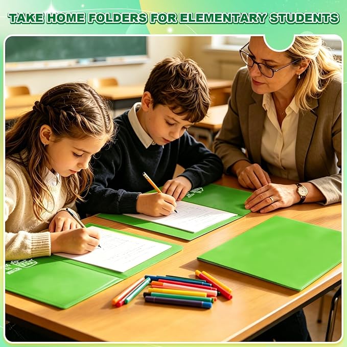 24 Pcs Back to School Take Home Folders for Elementary Students 2 Pocket Folders with Clear Front Pocket 4 Inner Pockets Plastic Parent Teacher Communication Folder 11.81 x 9.45 Inch (Green)