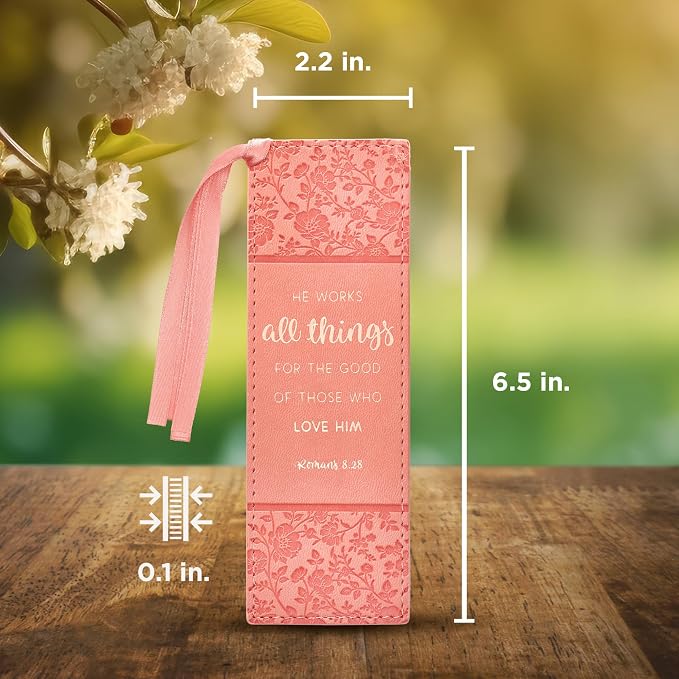 Christian Art Gifts Premium Vegan Leather Scripture Bookmark for Women: He Works All Things - Roman 8:28 Inspirational Bible Verse Heat-Debossed Reading Book Accessory with Ribbon Tassel, Peach Floral