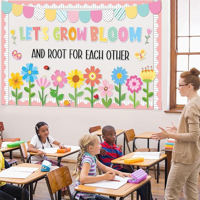 ZOIIWA Summer Bulletin Board Decorations Spring Bloom Flower Classroom Bulletin Board Borders Colorful Floral Butterfly Cutouts for Back to School Birthday Party Supplies School Home Office Wall Decor