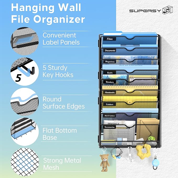 SUPEASY 10 Tier Wall File Organizer with Hooks, Large Capacity Metal Mesh Hanging File Organizer, Wall Mounted Mail & Document Organizer for Home, Classroom, Office Organization, Black
