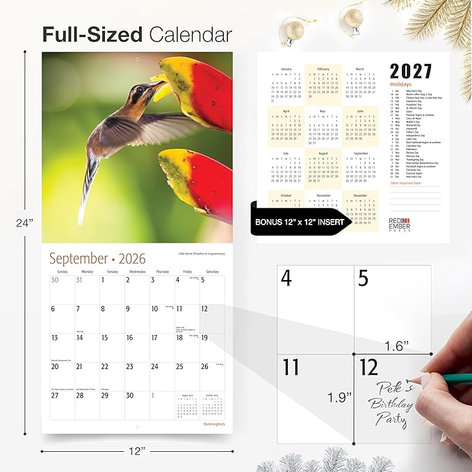 RED EMBER Hummingbirds 2026 Wall Calendar 12 Month | 12" x 24" Open | Thick & Sturdy Paper | Giftable | Bird Calendar 2026