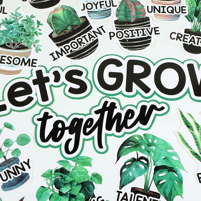 gisgfim Greenery Affirmation Station Bulletin Board Classroom Decorations Set Let’s Grow Plant Potted Paper Cutout for Motivational Plant Teacher Back to School Wall Door Chalkboard Decor