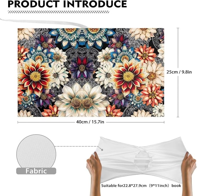 Dreaweet Mandala Lotus Print Stretchable Book Covers Jumbo Fabric Book Protective Sleeves for Hardcover Textbooks Notebooks up to 9"x11",Reusable Washable