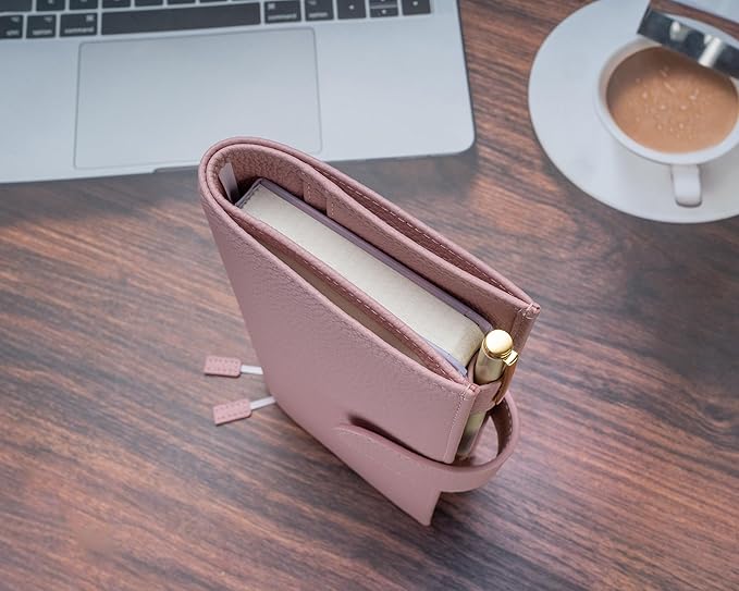 Genuine Leather Cover for Hobonichi Weeks/Weeks Mega with Pen Loop, Card Slots, Back Pocket, and Bookmarks (Pink)
