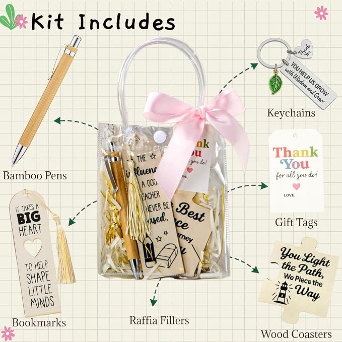 Teacher Appreciation Gifts in Bulk - 4 Pack Desk Gifts for Teachers with Keychains, Bookmarks, Bamboo Pens, Drink Coasters - Thank You Gifts for Teachers - End of Year Teacher Gifts Back to School