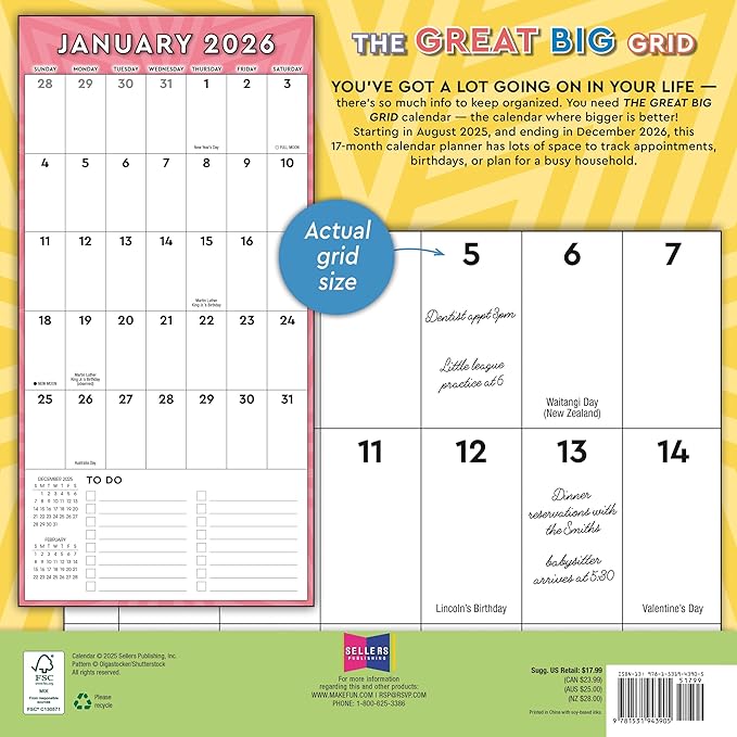 Great Big Grid 2026 Wall Planner, 12-Month Large Grid Family Calendar & Organizer with Holidays: 2026, 12" × 12"