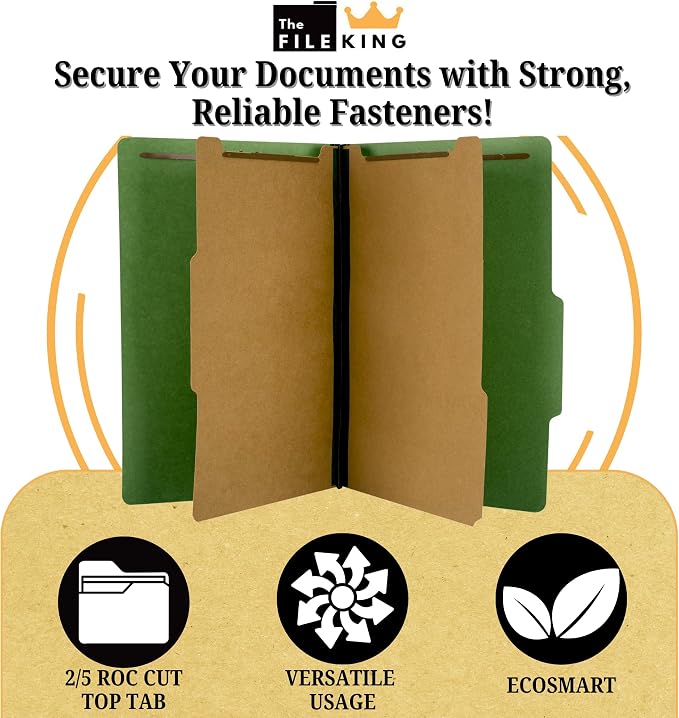The File King Pressboard Classification Dark Green Partition File Folder | Legal Size - Box of 10 | Two Dividers | Six 2” Durable Fastener Prongs | 2/5 Cut Top Tab | 2” Expansion