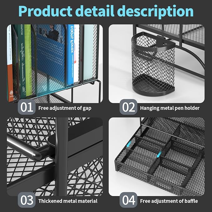 FANXIYQ Metal Desk Organizer with Sliding Drawer, 7-Section File Organizer for Desk, Desktop File Folder & Paper Organizer with 2 Hanging Pen Holders, Office Supplies Organizer, Black