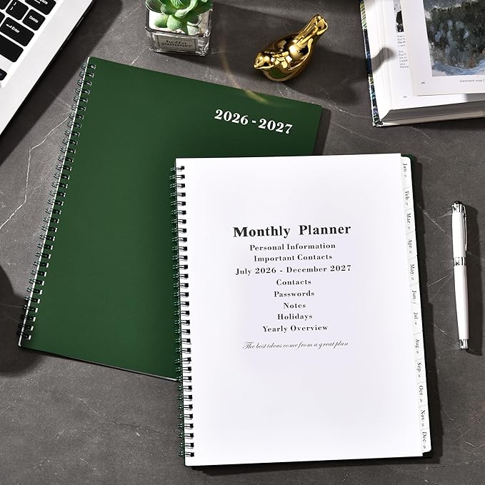 Monthly Planner 2026-2027 - JUL 2026- DEC 2027, 9" × 11" Monthly Calendar, Planner 2026-2027, 18-Month Calendar Planner with Tabs, Thick Paper, Pocket, Label, Twin- Wire Binding- Dark Green