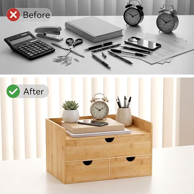 Desk Organizer with Drawers - Bamboo Desktop Organizer Storage | Wood Desk Drawers Organizer for Bills, Office Supplies, Cosmetics, Seals No Assembly Required