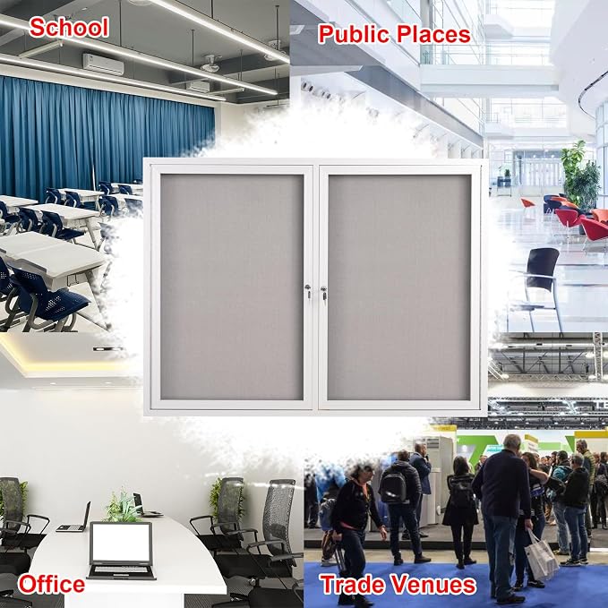 48x36 Inch Lockable Enclosed Bulletin Board, Weather-Resistant Outdoor Noticeboard with 2 Locking Doors, Wall-Mounted Silver Aluminum Frame & Grey Felt Presentation Board