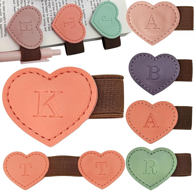 Personalized Magnetic Leather Heart Bookmark with Pen Holder - 26 Letters Custom Book Mark Notebook Pencil Loop with Initial Book Marker for Readers, Book Lovers- Gifts for Women Men(Black & Orange,K)
