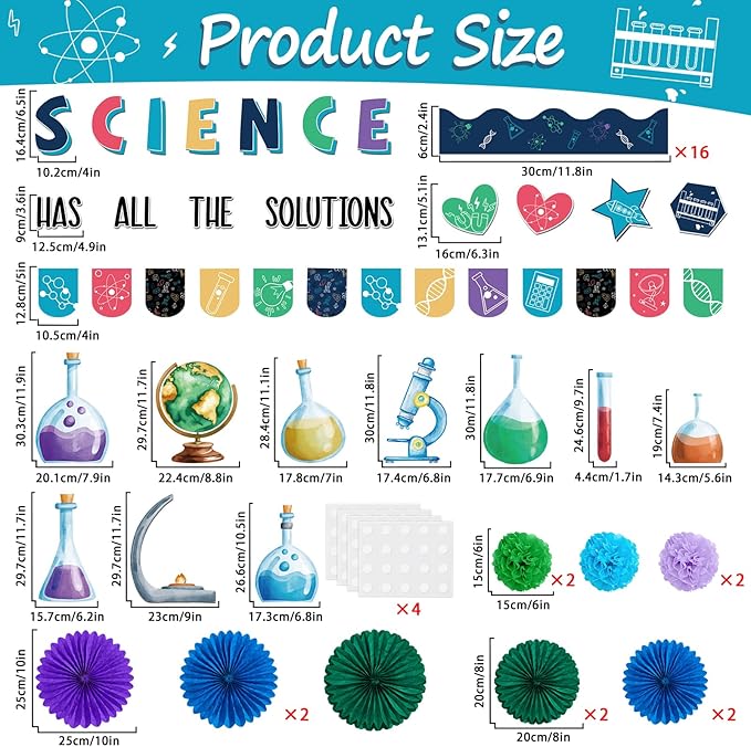 Science Bulletin Board Decorations Set with 3D Tissue Paper Flower Paper Fan Science Classroom Bulletin Board Border Scientist Laboratory Cutouts for Back to School Chalkboard Teacher Supplies