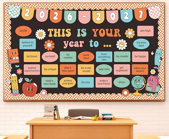 This is Your Year Bulletin Board Set Classroom Decoration Hippie Retro New Year Bulletin Board Set Welcome Back to School Theme Cutouts for School Office Chalkboard Wall Learning Activities Decoration