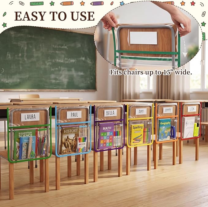 24 Pack Chair Pockets for Classrooms, 17 x 15 Inch Chairback Pocket with Name Tag Slot, Book Storage Bags for Library, Classroom, Office, Home
