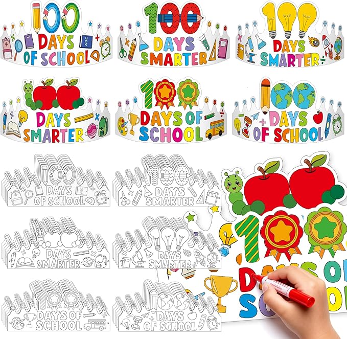 36 Set 100 Days of School Coloring Crowns 100th Day of School Paper Craft Crown Hats 100 Day Party Decorations Color Your Own Crafts for Students Classroom Activities Gift Celebration Supplies DIY Art