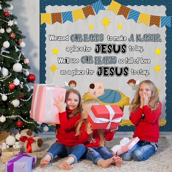 Christmas Baby Jesus Bulletin Board Set Christian Manger Classroom Decorations Religious Nativity Manger with Angels Cutouts for Holiday Church Sunday School Office Wall Display