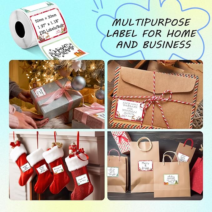 Thermal Labels Christmas Tags for Xmas Compatible with Phomemo M100/M110/M150/M221/M220/M120/M200/M250 Label Printer,1.97"x1.18"(50x30mm), 230 Labels/Roll, Black on Christmas Pattern