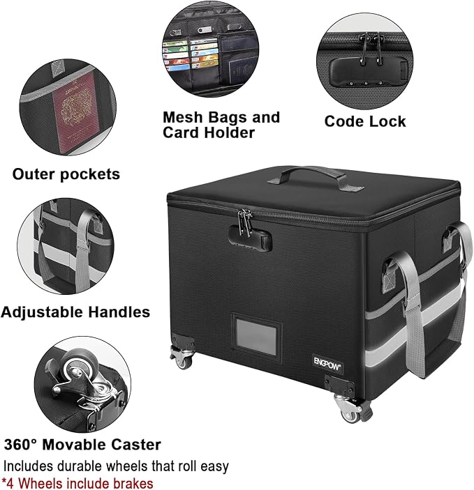 ENGPOW Fireproof Document Box with Wheels, Collapsible File Box with Lock, Rolling File Storage Organizer Filing Cabinet with Pockets, Portable Home Office Safe for Hanging Letter/Legal Folder
