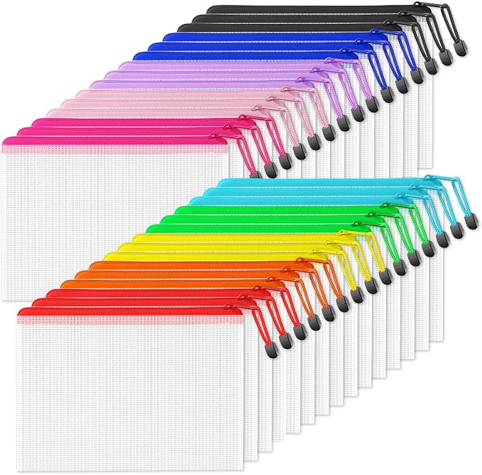 SUNEE Mesh Zipper Pouch 7.8x10.8 in (10 Colors, 30 Packs), Mesh Bags with Zipper for School Office Supplies, Puzzles & Games, Travel Accessories, Waterproof Zipper Pouches for Organizing