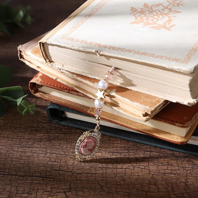 Vintage Cameo Beaded Bookmark - Pink Gold Beads Book Mark with Butterfly for Women, Unique Aesthetic Accessories Bookish Gifts for Booklovers Students Teachers
