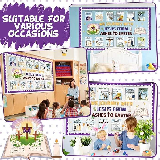 Easter Bulletin Board Decoration Set Jesus Resurrection Journey Posters from Ashes to Easter Classroom Decorations Holy Week Events Paper Cutouts for Kids Christian Chalkboard Wall Door Decor