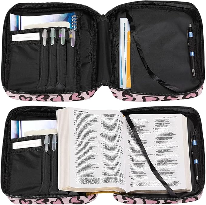 Coldinair Pink Love Leopard Print Bible Cover for Women Teens Kids,Durable Carrying Book Case Church Bag Bible Holder with Handle and Zippered Pocket