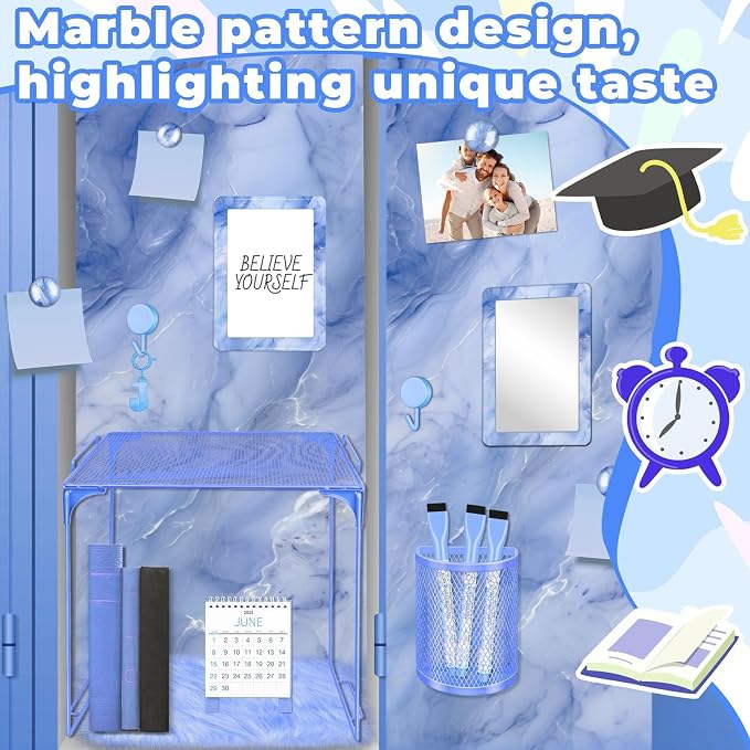 Demonwer Blue Locker Accessories Kit Locker Organizer Magnetic Mirror Whiteboard Pen Holder Small Carpet for Storage Organizing Shelf Back to School Party Supply