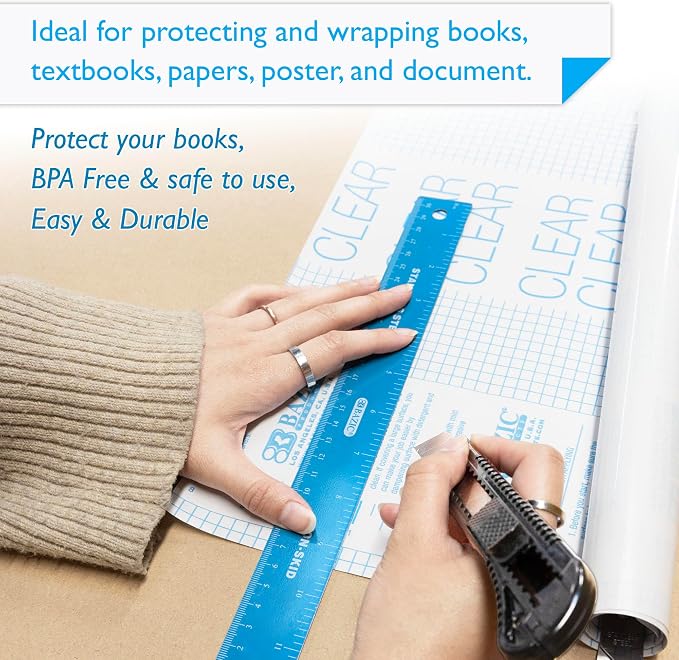 BAZIC Products Clear Self-Adhesive Book Cover Roll, 17.5 in x 5 ft, Clear Peel-and-Stick Film, for Textbooks School Books, 4 Pack