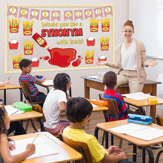 Synonym Bulletin Board Set Fried Words Classroom Decoration Other Way to Say Synonym Bulletin Board French Fry Box Cutouts for English Educational Classroom Back to School Chalkboard Wall Decor