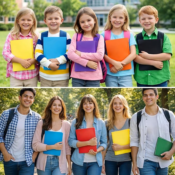 Tenceur 48 Pack Plastic Folders with 3 Prongs Bulk Heavy Duty Folders with Clear Front Pockets and Card Slots with Fasteners Fit Letter-Size Papers for Work School Office (Light Colors)
