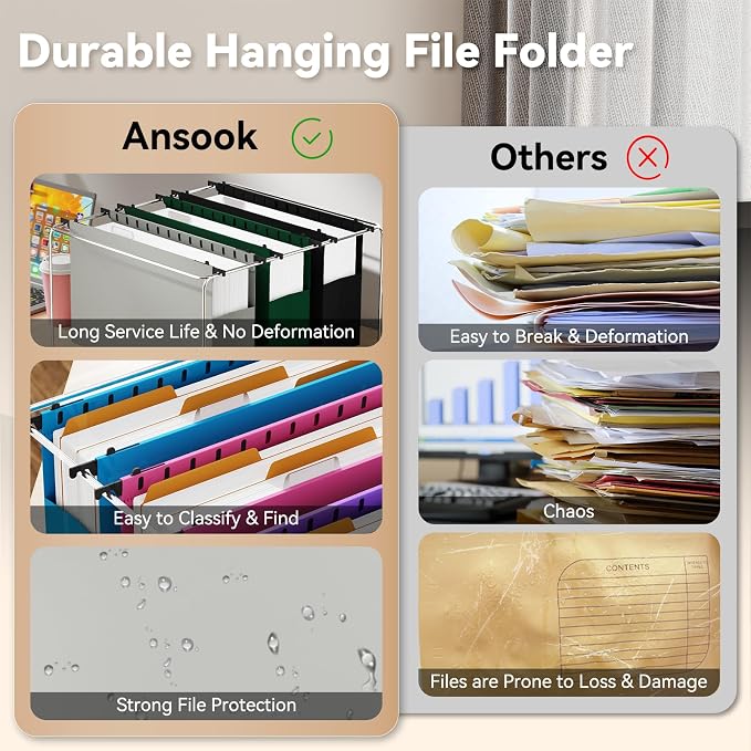 Ansook Legal Size Hanging File Folders Extra Capacity, Heavy Duty 3" Expandable File Folder Hanging Legal with Tabs,6 Pack File Cabinet Folders,File Frame & Box Hang Folder,Hanging File Organizer