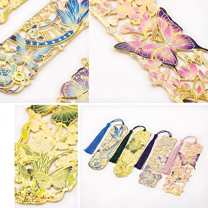 4 Pcs Metal Bookmarks Set with Tassels, Beautiful Floral and Butterfly Cutout Bookmarks for Reading Lovers Book Lovers Gifts, for Women, Men, Kids, Girls, Readers