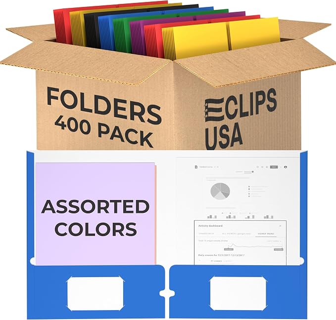 400 Pack Folders with Pockets Bulk 2 Pocket Folders Holds 100 Sheets Assorted Colors Office Or School