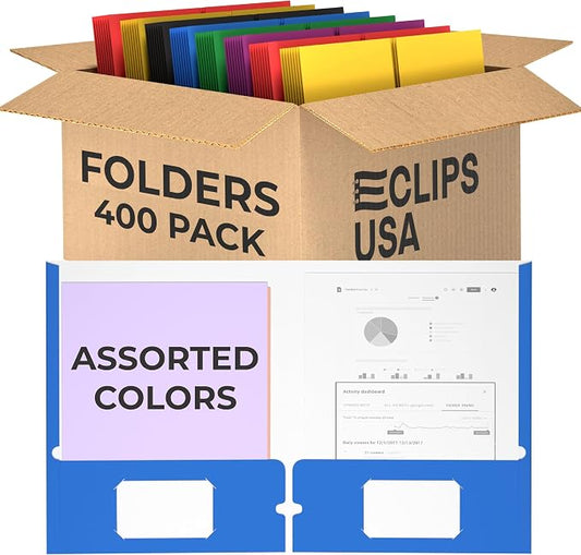 400 Pack Folders with Pockets Bulk 2 Pocket Folders Holds 100 Sheets Assorted Colors Office Or School