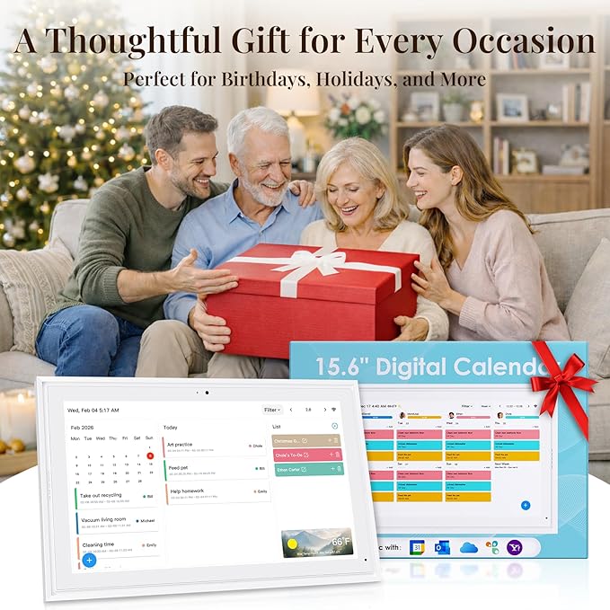 15.6" Electronic Wall Calendar & Digital Family Planner, 2K Smart Touchscreen Display with Video Call, Chore Chart & Shared Family Schedule, 4+64GB, Wall or Desk Mount, Interactive Calendar Organizer