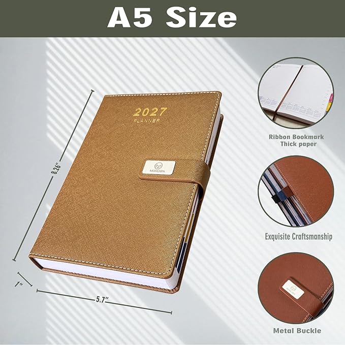 2027 Daily Planner – One Page Per Day, 12-Month Calendar (Jan–Dec 2027), Hourly Appointment Book, 5.7" x 8.26" Leather Cover, Thick Paper – Hourly, Daily & Monthly Organizer (Yellow)