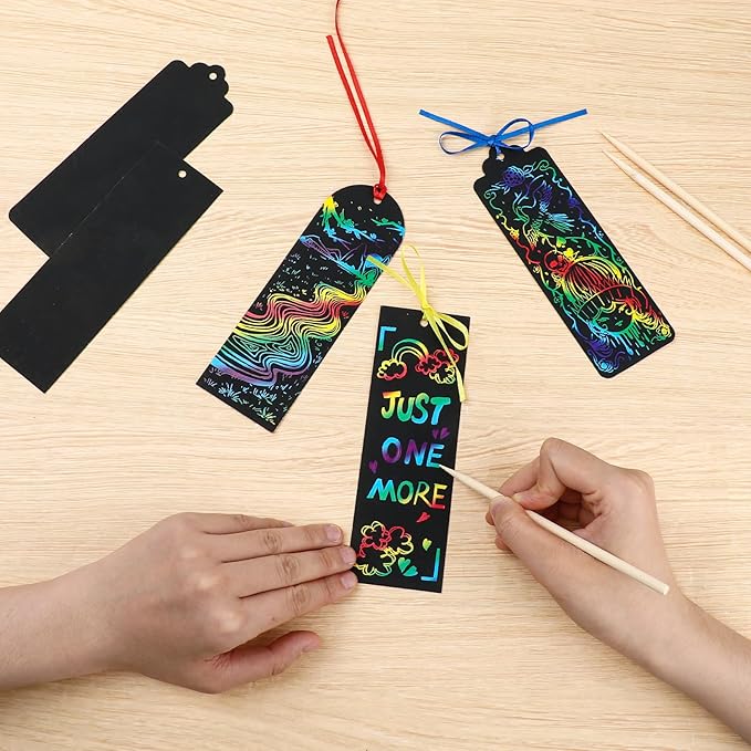 Dimeho Scratch Bookmarks, 48 Set Scratch Paper Art Bookmarks Craft Kits Party Favors Rainbow DIY Bookmark Hanging Gifts Tag with Scratching Tools Ribbon for Students Classroom Activities(3 Style)