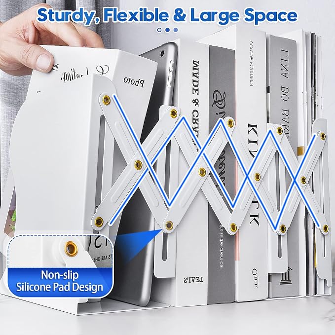 2PCS Heavy Duty Book End to Hold Books, Adjustable Bookends Book Holder for Shelves, White Book Organizer for Desk, Sturdy & Flexible - Metal Book Ends Binder Holder for Tabletop