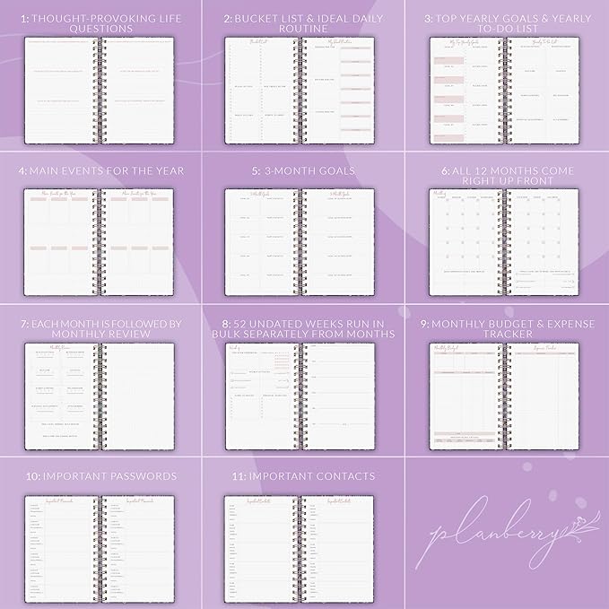 PLANBERRY Weekly Planner Premium – Undated Life Organizer & Budget Planner – Time Management, Goal Setting, To-Do List, Work-Life Balance & Habit Tracker – 6.9″ x 8.5″ (Wild Purple)