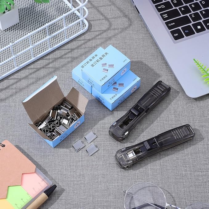 Portable Paper Clam Clip Dispenser 2pcs - Reusable Push Stapler with 200 Refill Clips, No-Hole Binding - Up to 40 Sheet Capacity, Handheld for Document Office School Desk (Black)