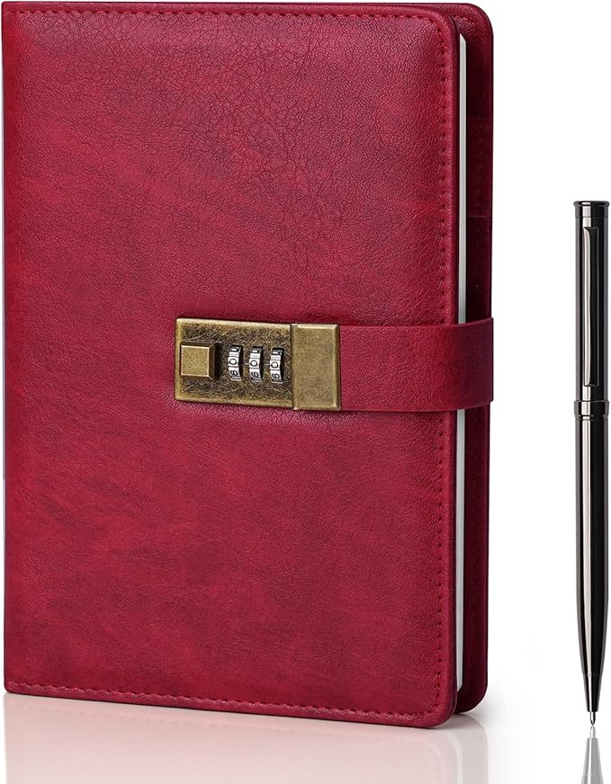 WEMATE Diary with Lock, A5 PU Leather Journal with Lock 240 Pages, Vintage Lock Journal Password Protected Notebook with Pen & Gift Box, Lock Diary Planner Organizer for Men and Women, 8.6x5.8in