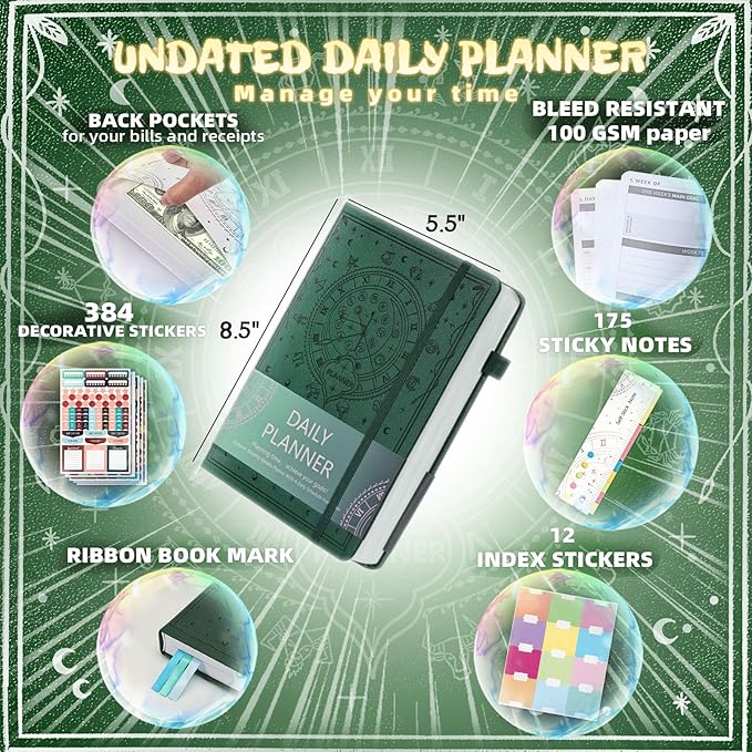 Undated Academic Planner Hardcover (5.5x8.5") - Flexible Weekly & Monthly Organizer with Stickers, Productivity Journal for Students & Professionals(Dark Green)