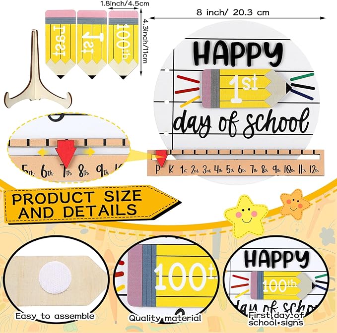 Kosiz Pencil First and Last Day of School Sign Back to School Board Gifts Round Wooden First Day of Sign Reusable Dry Erase 8''